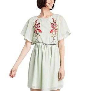Modcloth Womens Emulate Ethereal Blouson Dress Green Maroon Floral Embroidered